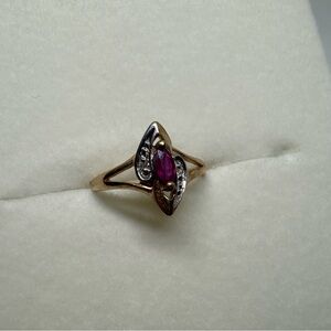 10k Yellow & White Gold Two Tone Ruby with Accent Diamonds Cocktail Ring Sz 4.75
